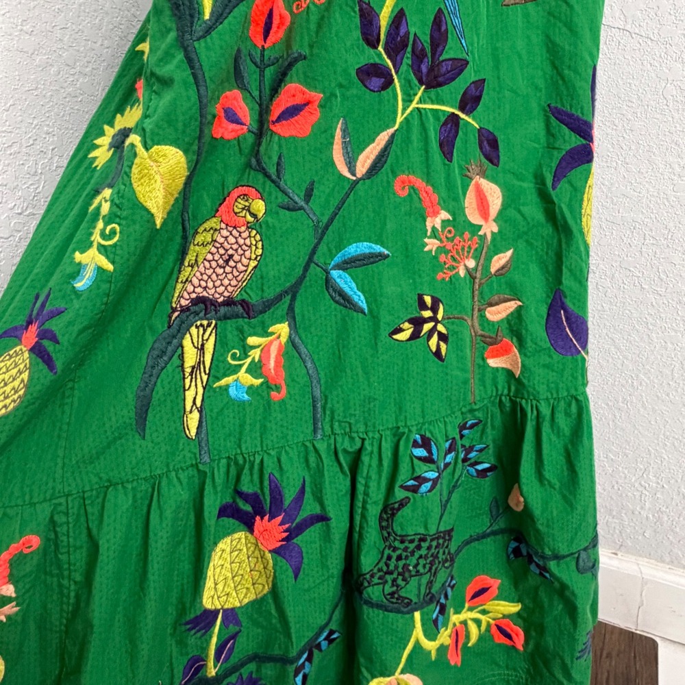 Anthropologie Green Embroidered Tropical Maxi Dress Parrot Leopard ALTERED - Picture 3 of 11
